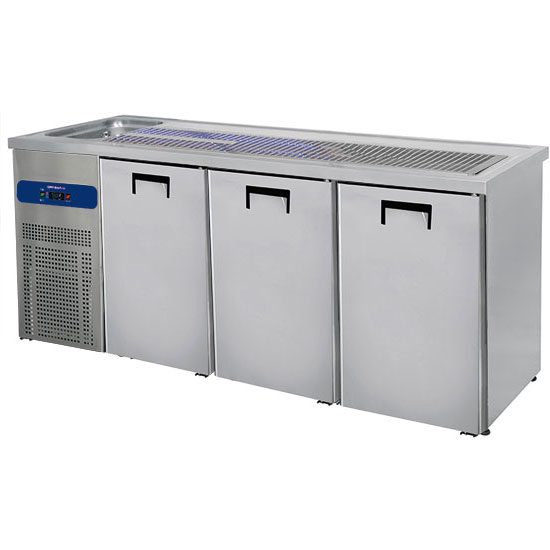 Banco bar refrigerato con 1 Lavabo a sinistra e 3 porte per fusti birra da 50 litri