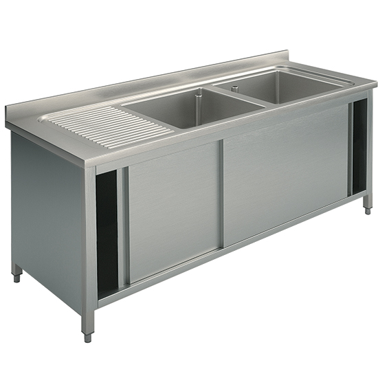 lavello armadiato, 2 vasche, gocciolatoio sinistro, con porte scorrevoli, 1800x600 mm
