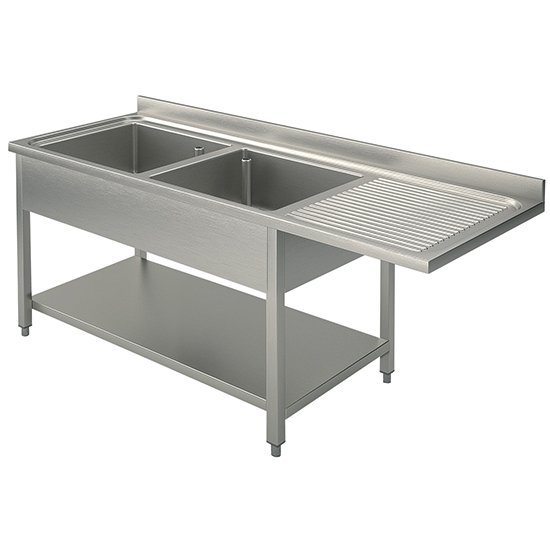 lavello su gambe per incasso lavastoviglie con ripiano, 2 vasche a sinistra, 1800x600 mm