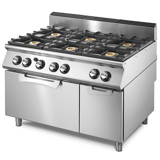 Cucina a gas su forno a gas statico GN 2/1 e vano chiuso, 6 bruciatori