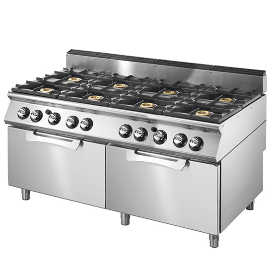 Cucina a gas su 2 forni elettrici statici GN 2/1, 8 bruciatori